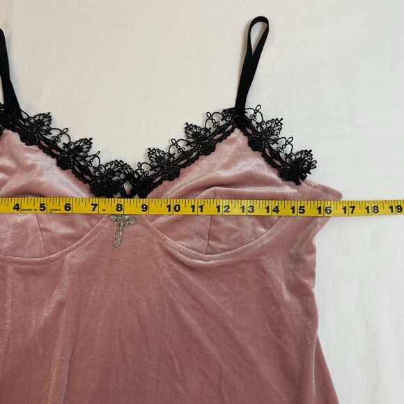 Y2K Slip Dress Women XL Pink Velour Lace Trim Babydoll Fairy Camisole Goth 90s - Picture 3 of 10